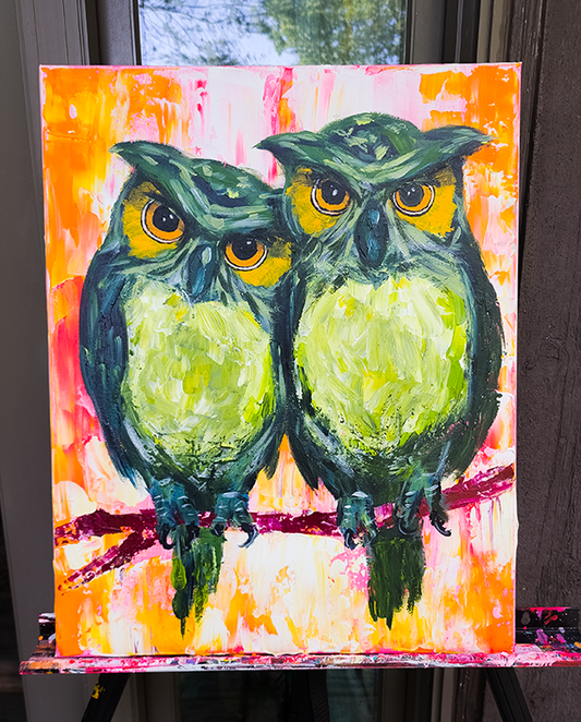 "A Pair of Green Hooters" Original Mixed Media Painting